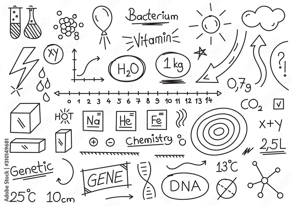 Vecteur Stock hand drawing science, chemistry and symbols. scribble