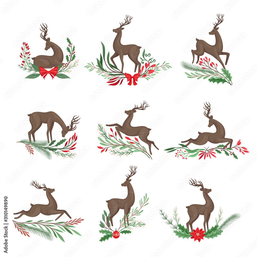 Deer in Different Poses with Holiday Twigs and Branches Deer in Different Poses with Holiday Twigs and Branches