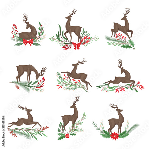 Deer in Different Poses with Holiday Twigs and Branches