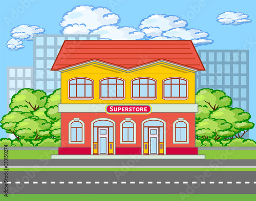 Colored superstore building near the road with skyscrapers silhouette. Vector flat illustration of mall, market or store. Municipal city life banner. Modern trading street with shop house