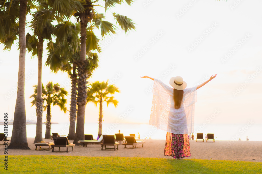 Portrait beautiful young asian women happy smile relax around beach sea ocean