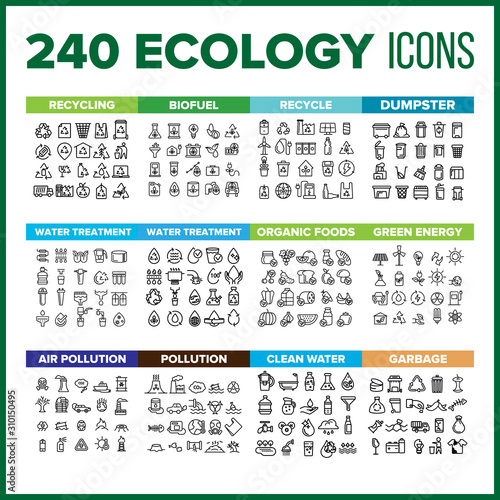 Ecology Icon Thin Line Big Set Vector. Ecology Symbol Package Bundle. Isolated Sign For Web Design Illustrations
