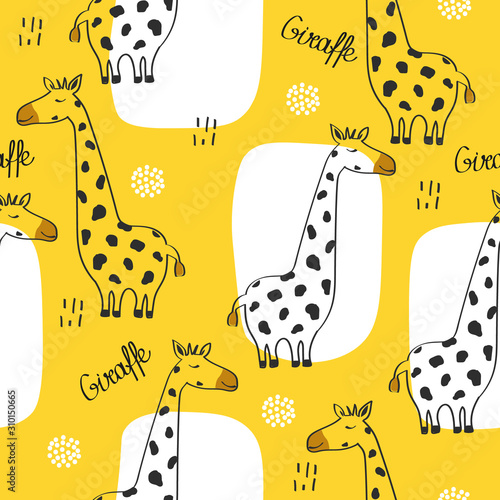 Giraffes, english text, hand drawn backdrop. Colorful seamless pattern with animals. Decorative cute wallpaper, good for printing. Overlapping background vector. Design illustration