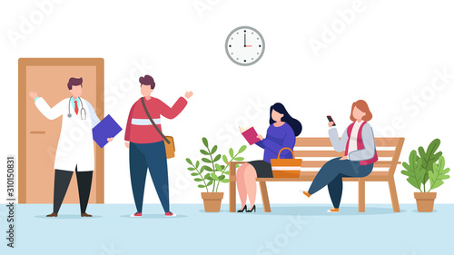 Patients sitting in chairs waiting doctor in clinic hospital, vector flat illustration