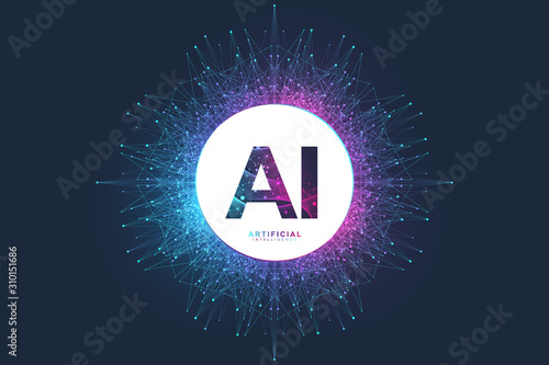 Artificial Intelligence Logo. Artificial Intelligence and Machine Learning Concept. Vector symbol AI. Neural networks and another modern technologies concepts. Quantum computer technology concept.