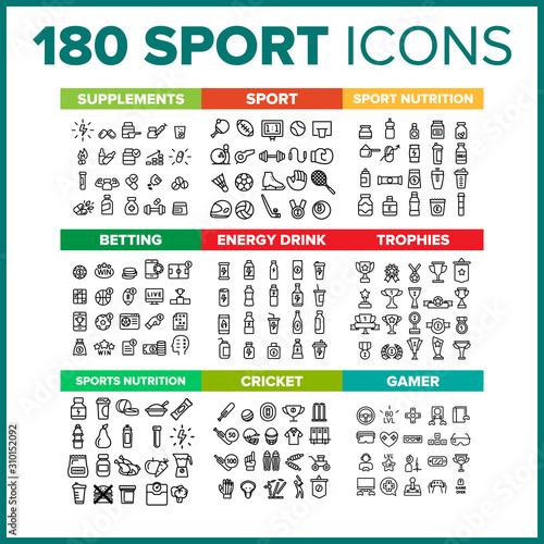 Sport Icon Thin Line Big Set Vector. Sport Symbol Package Bundle. Isolated Sign For Web Design Illustrations