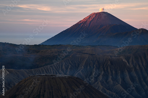 Bromo mountain with fog layer at sunrise  East Java  Indonesia