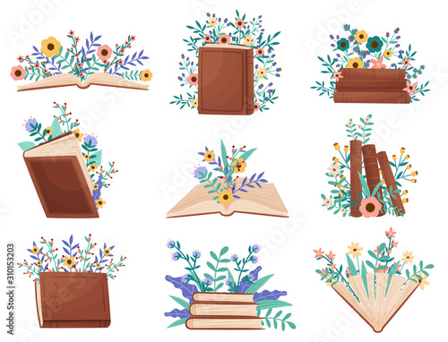 Opened and Closed Books Lying and Standing With Floral Compositions Behind Them Vector Set