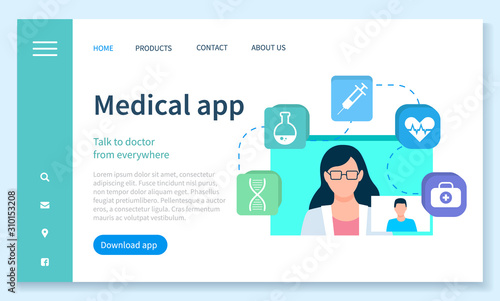 Medical app for treatment talk to doctor from anywhere. Healthcare technology for wireless device and consultation with nurse online. Website or landing page template, web page flat style vector