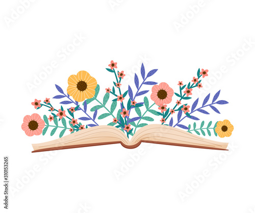 Opened Book in Hard Cover With Floral Compositions Peeped Out From it Vector Illustration