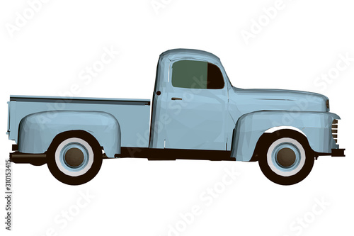 Vintage blue pickup. Polygonal pickup. Side view. 3D.