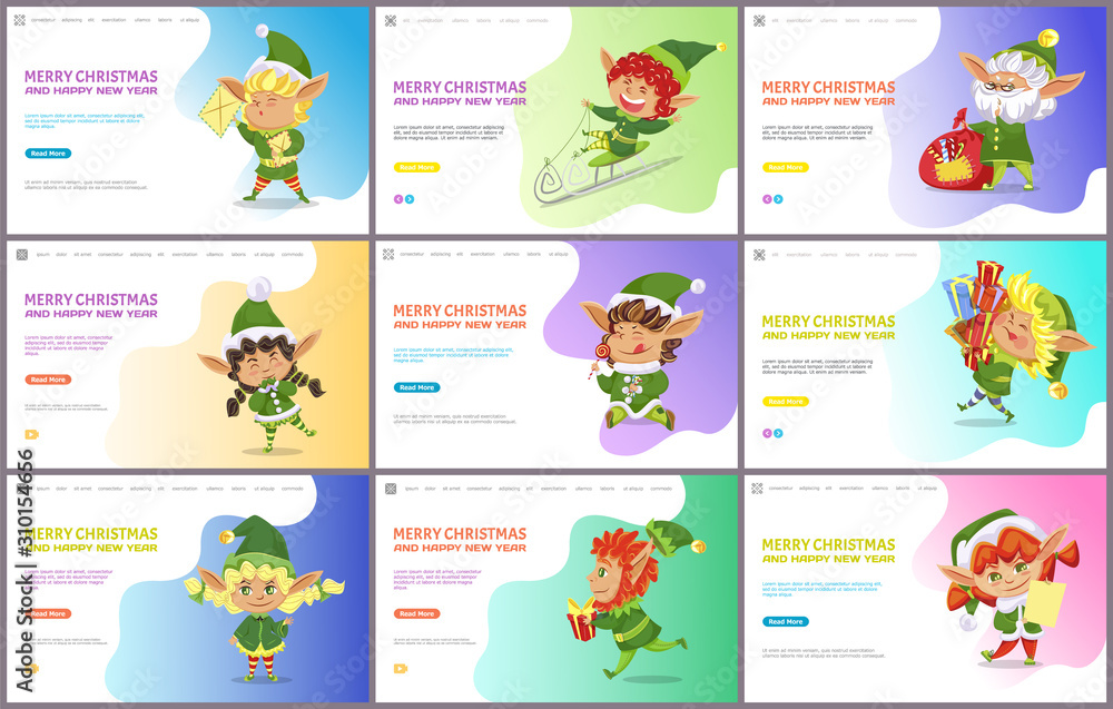 Merry christmas greetings, elves xmas characters with gifts and presents for celebration. Winter personages wearing green costumes. Boys and girls. Website or webpage template, landing page flat style