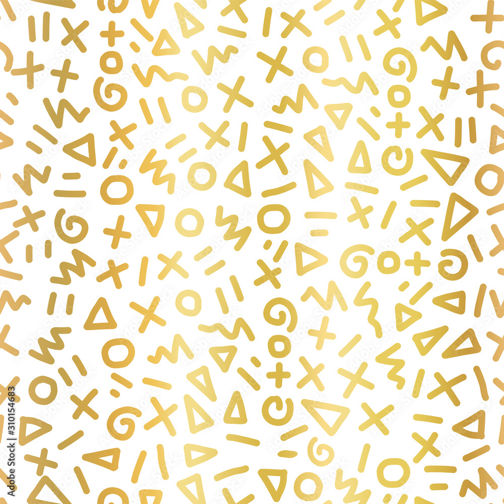 Geometric gold foil seamless vector pattern. Hand drawn golden doodle shapes circle triangle scribble repeating background. Golden metallic elegant texture on white backdrop. For festive decor, cards