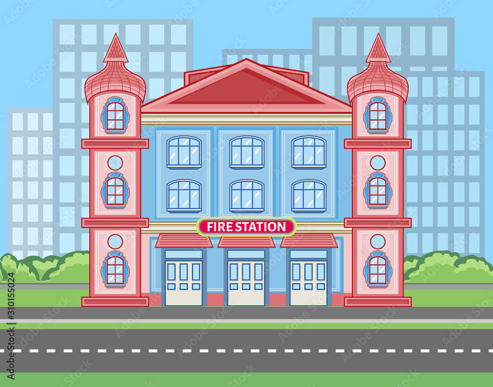 Colored fire station building near the road with skyscrapers silhouette. Vector flat illustration with outlined stroke. Municipal city life banner. Modern firefighting street with extinguish depot