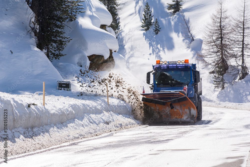 Road clearance in winter time.Kaunertaler Gletscher road, Kaunertal,Tyrol. The road climbs from 1300 m to 2750 and is accessible even in wintertime. The road passes through different vegetation level.