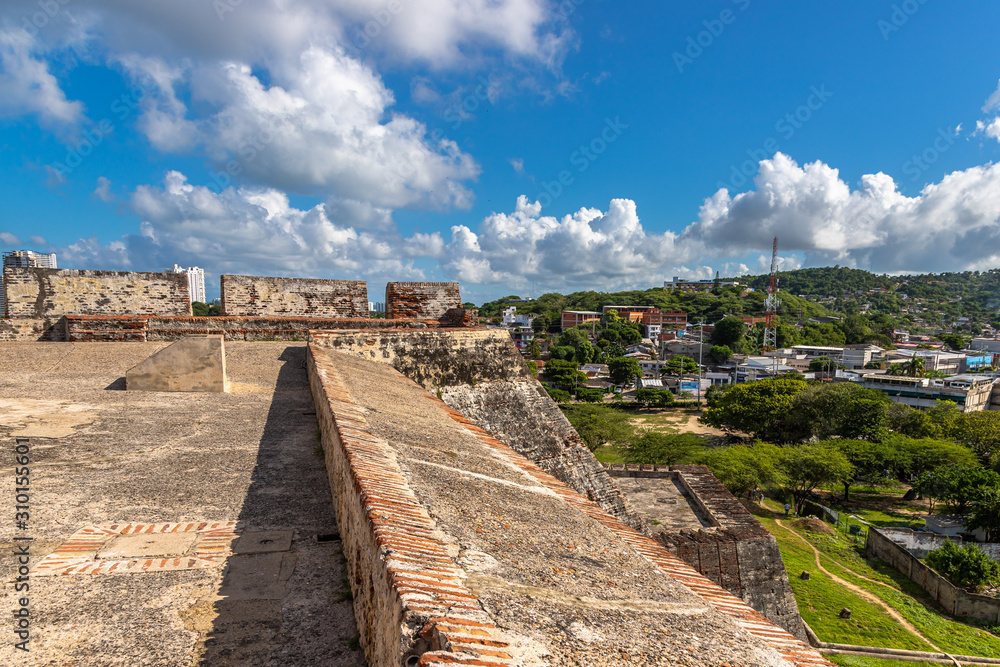 Panoramic of the fortified castle of San Felipe in the city of Cartagena de Indias, Colombia. This fortification was the defense of the city against English invaders and also the Spanish conquerors.
