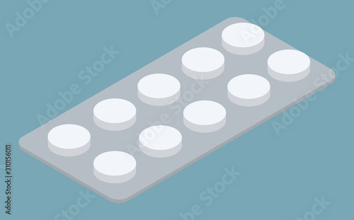 Package of medical pills symbol isolated on blue. Pharmacy and drug round tablets dose in pack healthcare object. Pile of hospital medication or vitamin for treatment sickness or painkiller vector