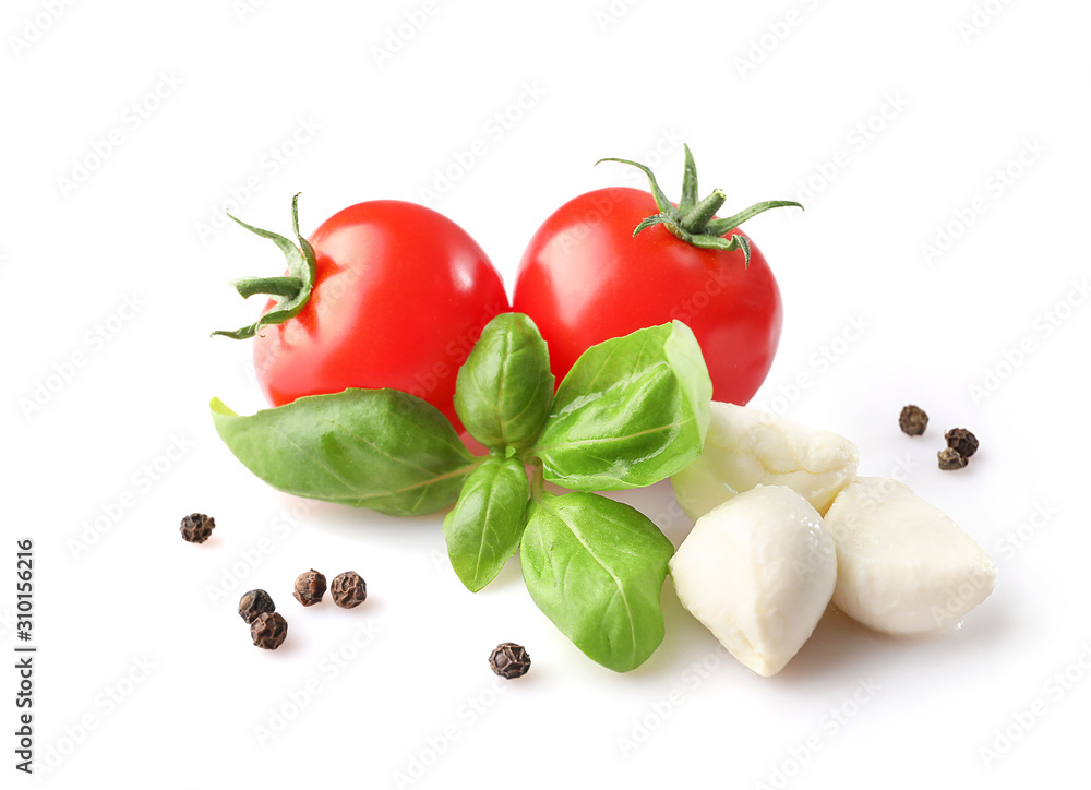 Ripe red cherry tomatos and mozzarella isolated on white background. Top view Ripe red cherry tomatos and mozzarella isolated on white background. Top view