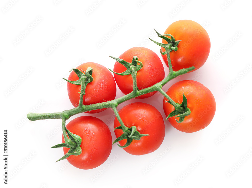 Branch of red ripe tomatoes isolated on white background