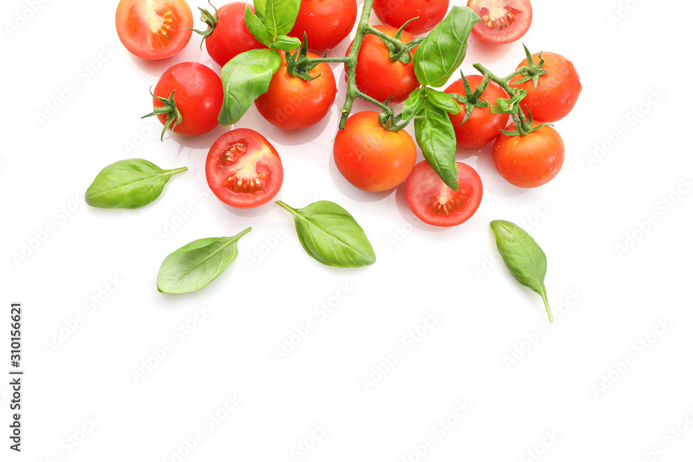 Fototapeta Red ripe cherry tomatoes isolated on white background. Top view