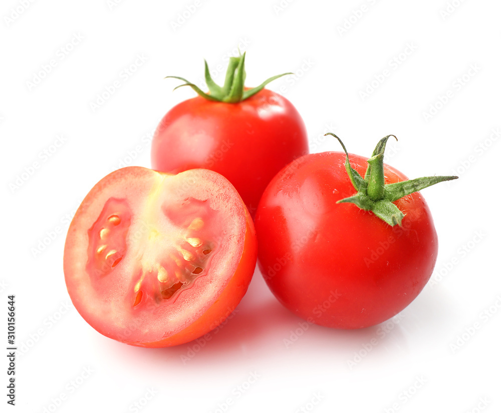 Ripe red cherry tomatos isolated on white background Ripe red cherry tomatos isolated on white background