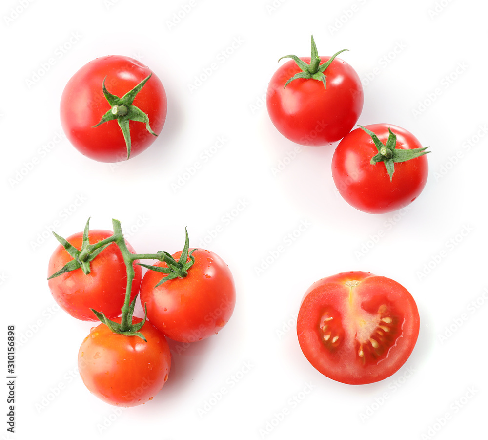 Set of ripe red cherry tomatos isolated on white background Set of ripe red cherry tomatos isolated on white background