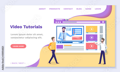 Video tutorials in network, get knowledge on internet course. Website for online learning through media. Two men stand near browser with opened educational web page. Vector illustration in flat style