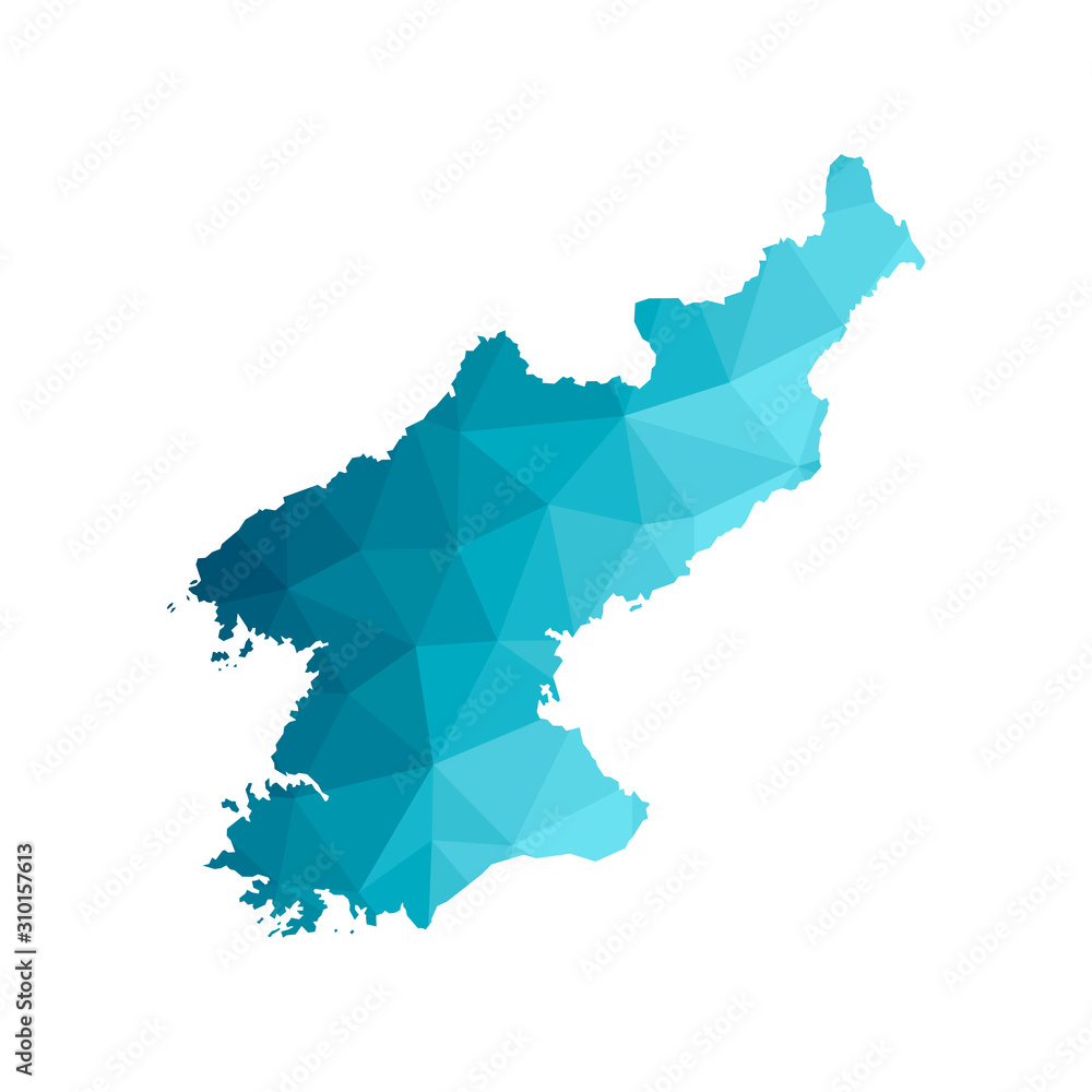 Vector isolated illustration icon with simplified blue silhouette of North Korea map. Polygonal geometric style, triangular shapes. White background