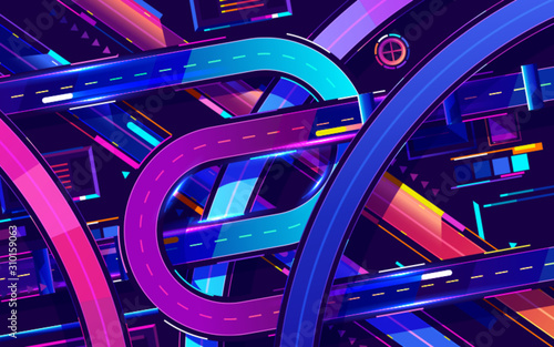 Metropolis night freeway neon colors, top view cartoon vector. Vector illustration
