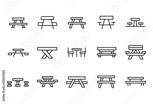 Stroke line icons set of picnic table.
