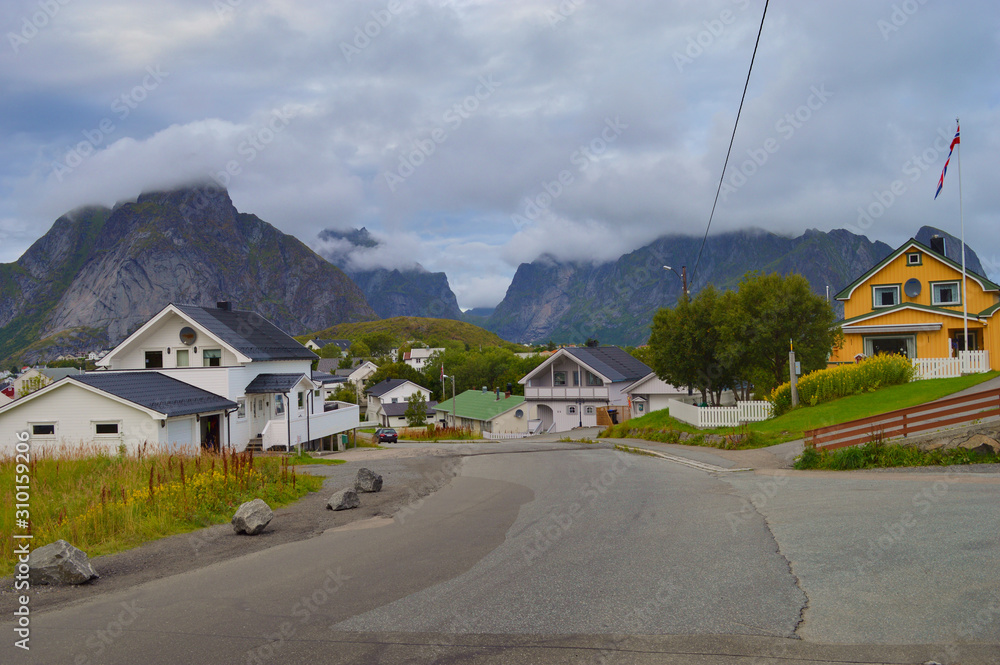 Spectacular view at  nature, mountains, fishing huts and villages at Lofoten Islands in Norway
