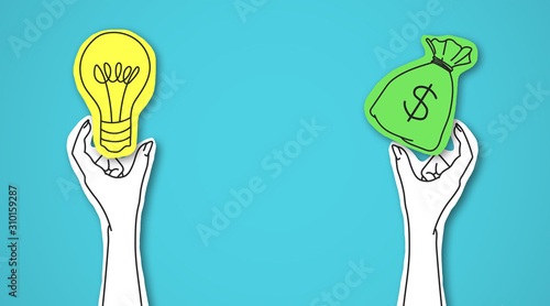 One hand holding green bag with money, other light bulb photo