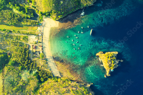 Aerial view of the Crystal bay coastline and beach, Nusa Penida island, Indonesia