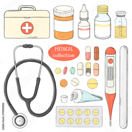 Set with medical equipment, medicines and first aid kit. Various jars and tablets.