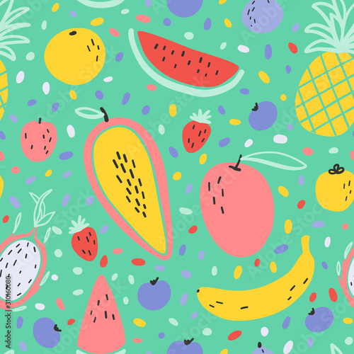 Vector tropical fruit background with durian, pineapple, mango, watermelon, dragon fruit, Pitaya, banana, papaya. Summer exotic fruit seamless pattern on stripes