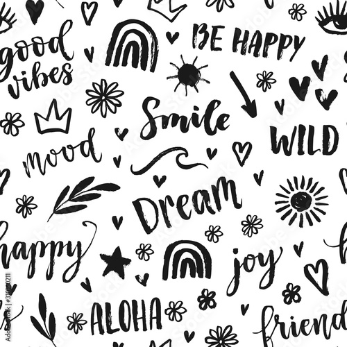Vector seamless pattern with text, inscription, quote, sticker, lettering, happy, mood, friends, hearts, sun, rainbow,crown, star, arrow, wave words. Teens doodle bachground