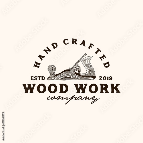 wood shaving tool,carpenter.wood work logo design template.Retro Vintage Woodworking Wood Fore Plane / Jack Plane Logo design