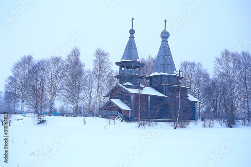 wooden canada church / landscape in winter snow canada, Christian historical church