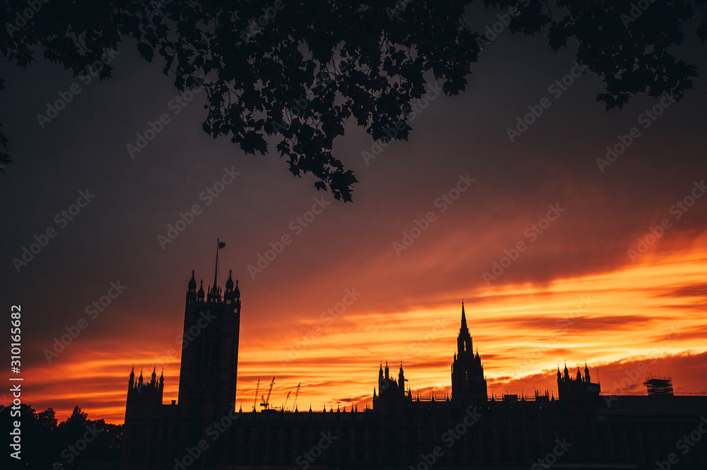 House of parliament in London, sunset sky, silhouette. Symbol of UK, Great Britain