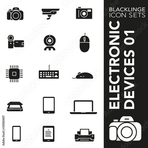 High quality black and white icons of electronic device. Blacklinge are the best pictogram pack unique design for all dimensions and devices. Vector graphic, logo, symbol and website content.