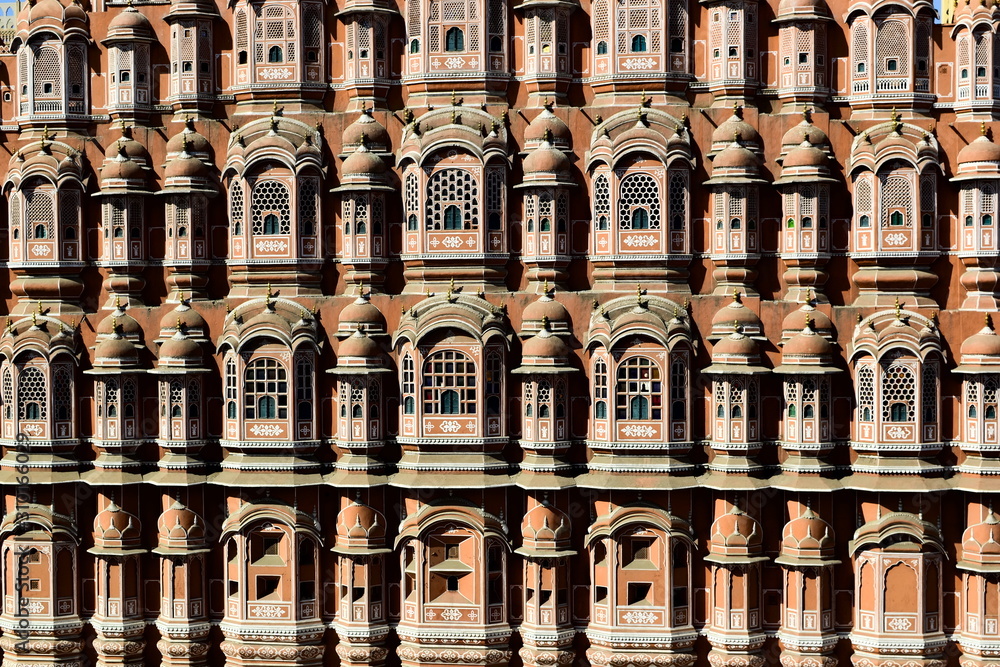 Front view exterior of Hawa Mahal (Palace of Winds)  in Jaipur (also known as Pink City), Rajasthan, India