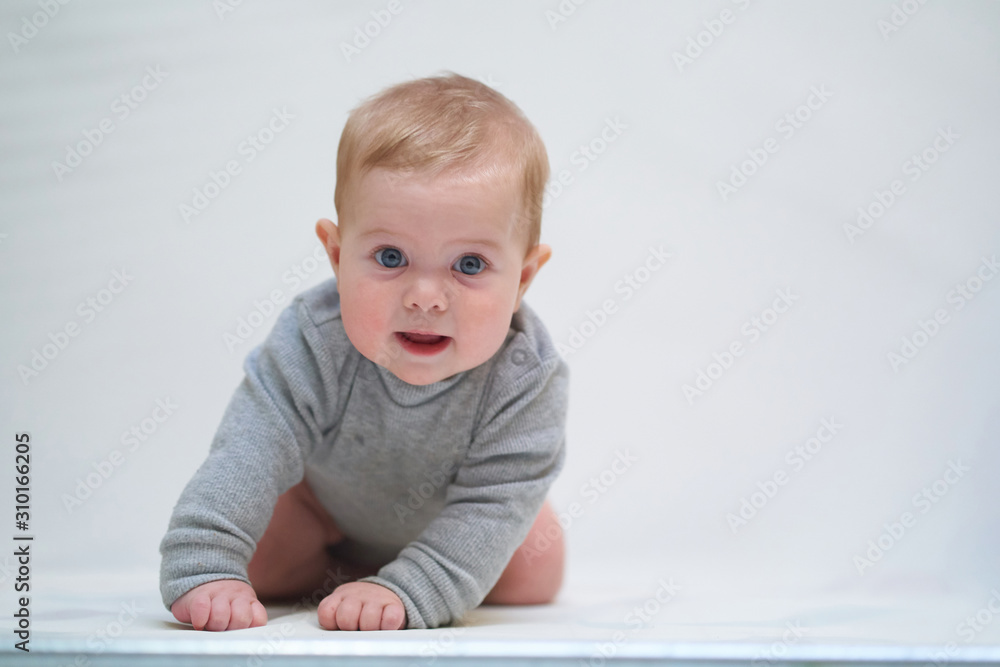 a six-month-old baby learns to crawl. emotional portrait of a child a six-month-old baby learns to crawl. emotional portrait of a child