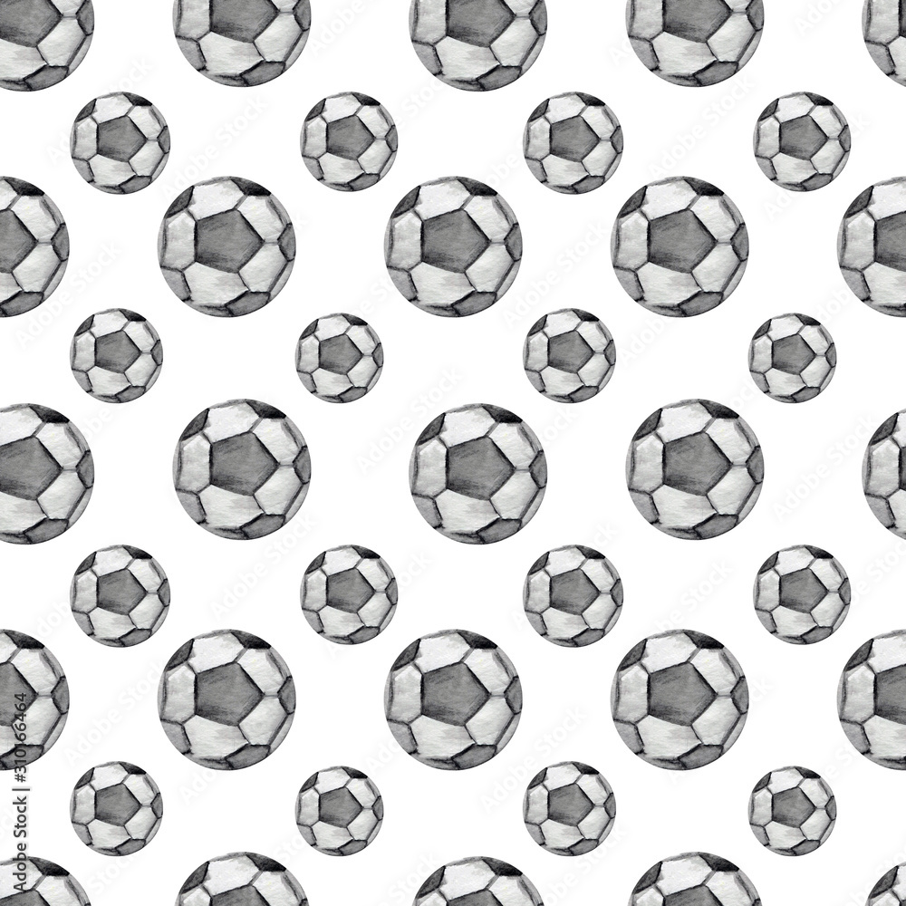 Soccer ball watercolor seamless pattern on white background for printing on paper or textile design.