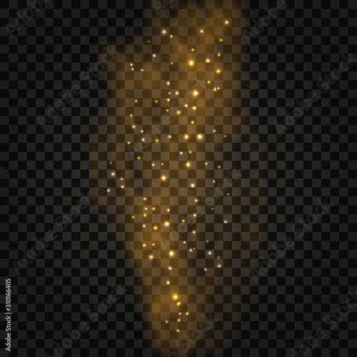 Golden smoke with glow effect. Abstract gold fog with light sparkles  star dust  glitter. Vector illustration