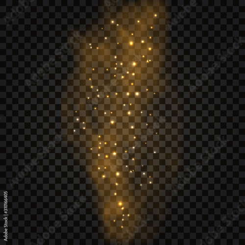 Golden smoke with glow effect. Abstract gold fog with light sparkles, star dust, glitter. Vector illustration