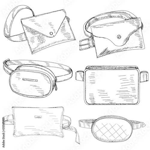 vector, isolated, sketch lap, women bag, fashionable, set
