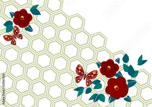 椿と蝶をモチーフにした和柄のイメージカット