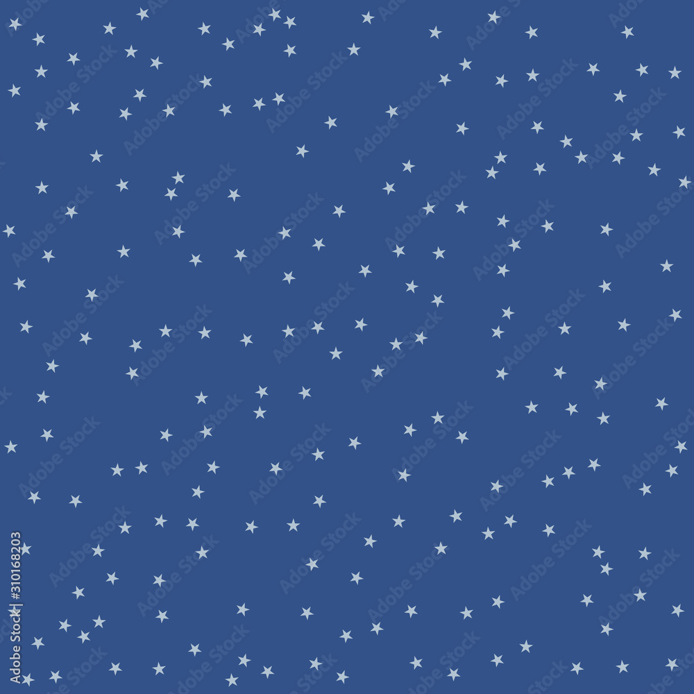 Blue trend background with silver metallic stars, starry night sky, holiday background, vector illustration