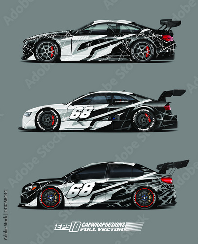 Racing car wrap design vector set. Graphic abstract stripe racing background kit designs for wrap vehicle, race car, rally, adventure and livery. Full vector eps 10