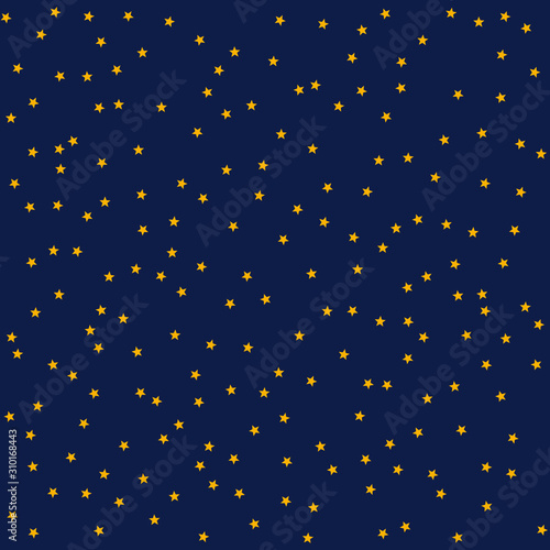 Blue background with gold stars, starry night sky, holiday background, vector illustration
